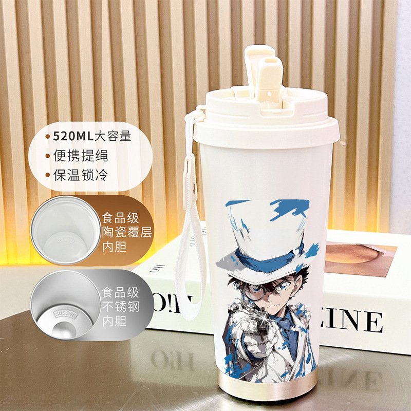 新款名侦探柯南保温吸管水杯大容量高颜值随身杯不锈钢双饮咖啡杯|undefined