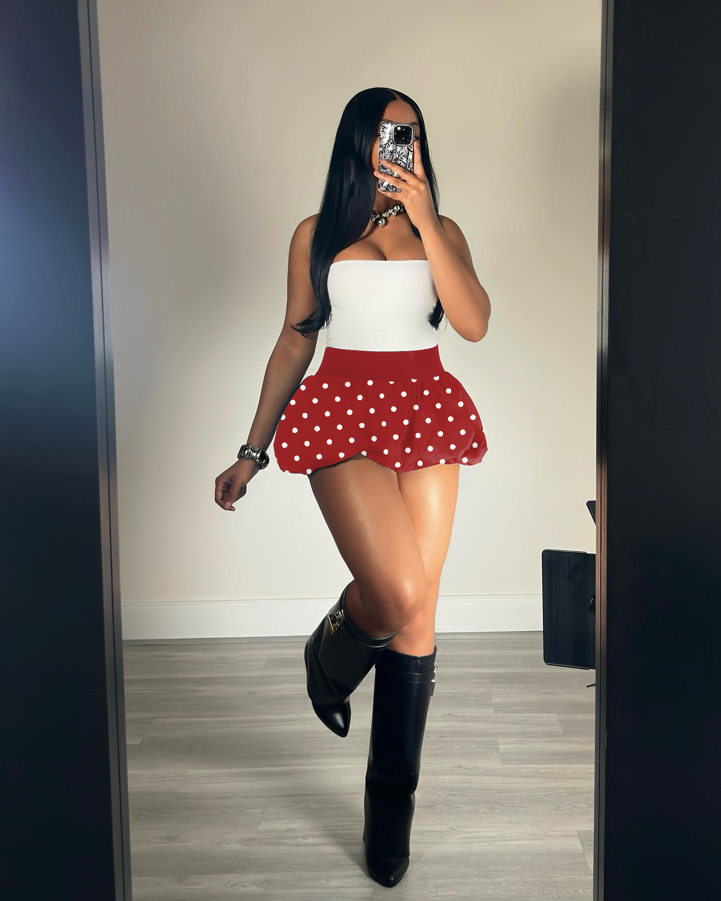 Retro Polka Dot Bubble Hem Skirt High Waist Flared Mini Skirt_voghion.com