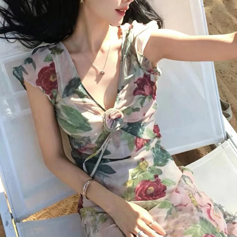 Vintage-Style Rose Oil Painting Style Silk Dress for Women, Retro Print, Waist-Cinching, Slimming Mermaid Long Dress