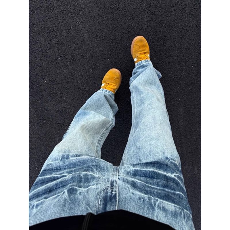 Cleanfit Light Blue Lightning Jeans for Men, American Style Trendy High Street Vibe Pants, Washed and Slightly Flared