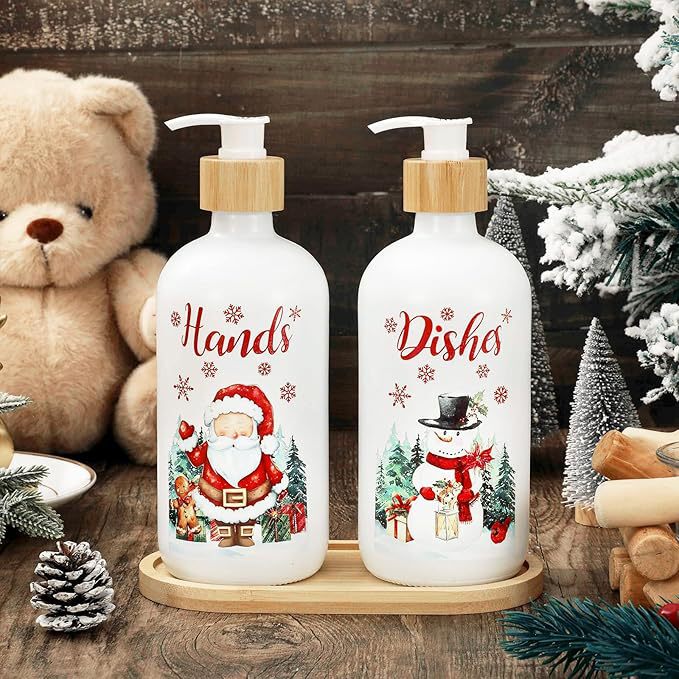 Soap Dispenser Snowman Christmas Tree Glass Dispenser with Pump Kitchen Bathroom Counter 2Pcs Hand Sanitizer Sub-Bottling
