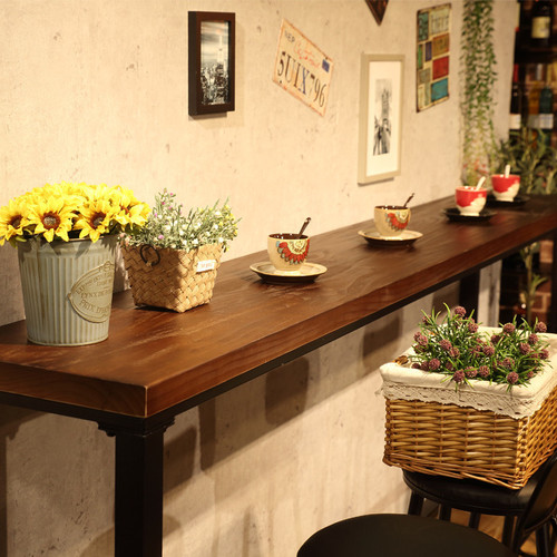 Solid Wood Bar Counter Table Home Use Balcony Wall-Hanging Narrow Table Long Counter Table Milk Tea Shop Bar High-Stool Table and Chair Set Commercial