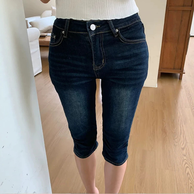Cross-Border 2026 Summer New Korean Style Versatile Skinny Pants with Pleated Design over the Knee Denim Shorts for Women Cross-Border 2026 Summer New Korean Style Versatile Skinny Pants with Pleated Design over the Knee Denim Shorts for Women