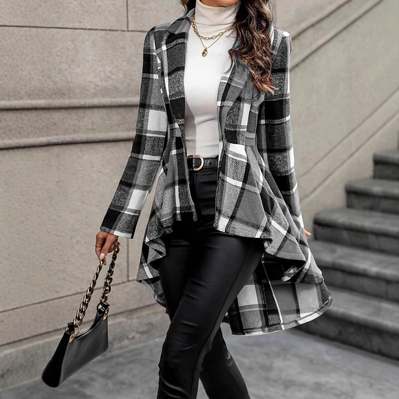 2025 European and American Amazon Plaid Patchwork Button-Front Jacket Long-Sleeve High-Low Flared Woolen Coat 2025 European and American Amazon Plaid Patchwork Button-Front Jacket Long-Sleeve High-Low Flared Woolen Coat
