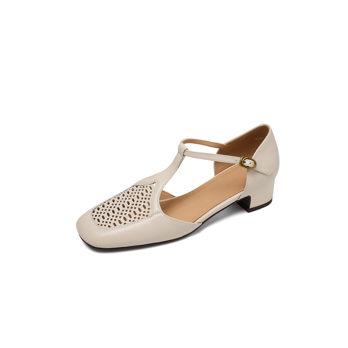 Sandal nữ da cừu thấp gót dệt vintage bít mũi quai chữ T — màu trắng ngà