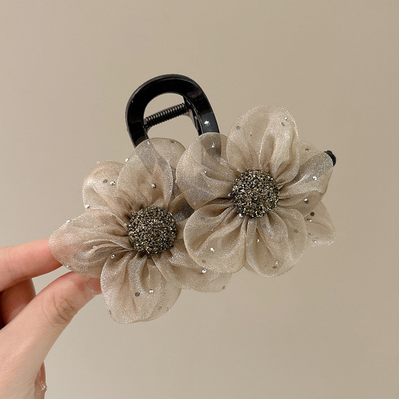 Mesh diamante de flores de sol agarrar clips temperamento de alto nivel cabeza de mujer cabeza de tiburón clips de cabello