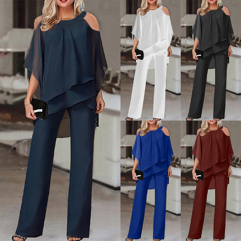 跨境女装 ebay独立站新款欧美时尚纯色宽松休闲蝙蝠袖不规则套装