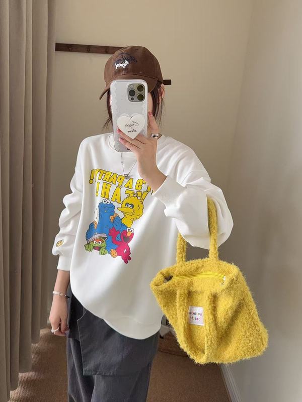 韩系慵懒风芝麻街袖口曲奇刺绣卡通印花卫衣女秋季新款圆领上衣|undefined
