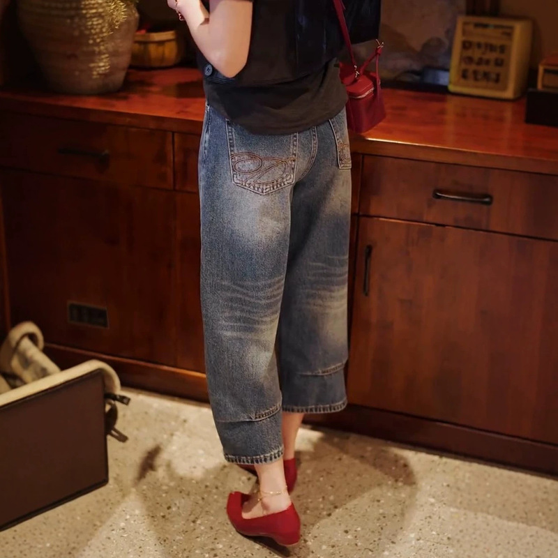 American-Style Washed Denim Wide-Leg Pants for Women, Cropped Length, Versatile Jeans, Slim-Fit Carrot Pants, New Summer Style American-Style Washed Denim Wide-Leg Pants for Women, Cropped Length, Versatile Jeans, Slim-Fit Carrot Pants, New Summer Style