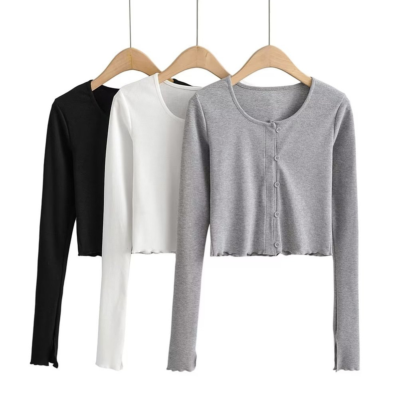 YPFF trendy women's wooden ear single-breasted knitted cardigan long-sleeved T-shirt solid color round neck short bottoming top YPFF trendy women's wooden ear single-breasted knitted cardigan long-sleeved T-shirt solid color round neck short bottoming top