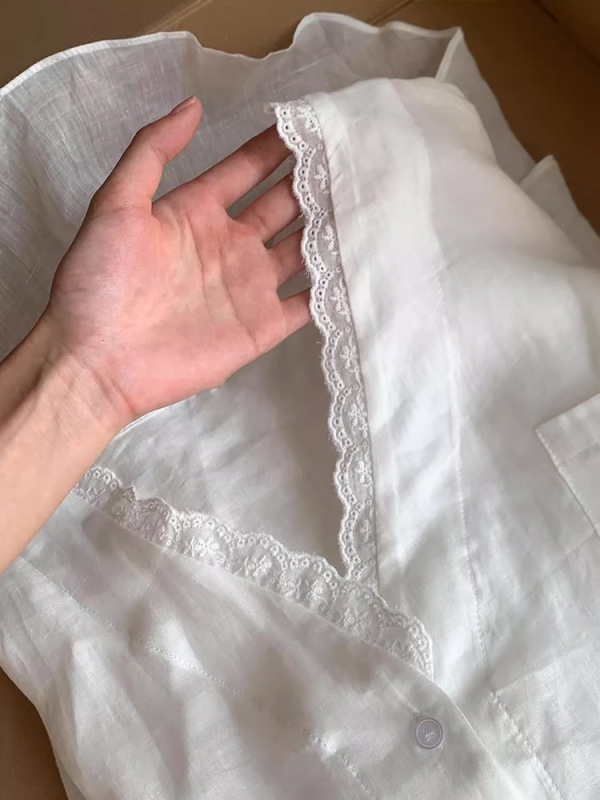 推荐!高品质法式花边V领苎麻防晒衬衫女夏慵懒风宽松长袖防晒外搭|undefined