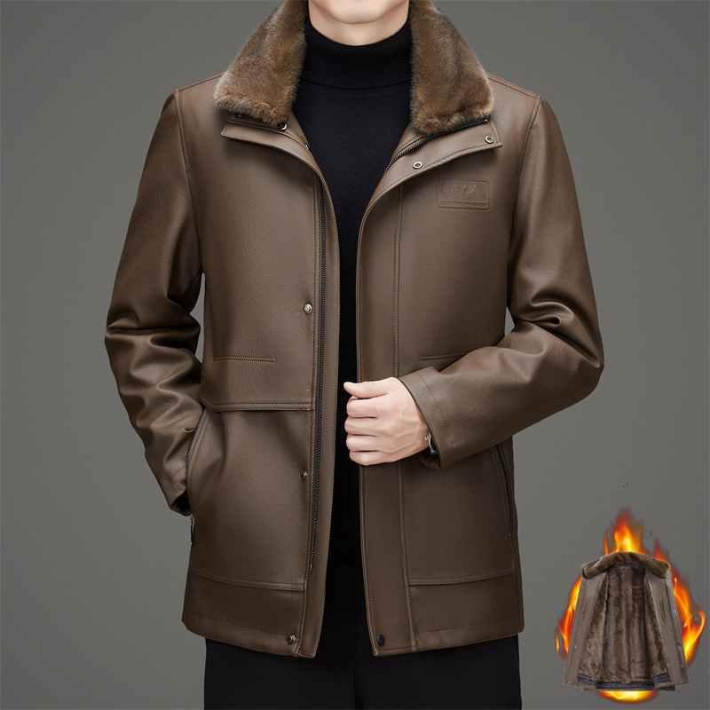 男士真pu皮衣男皮毛一体2025冬季新款加绒加厚黄金雕皮夹克外套潮