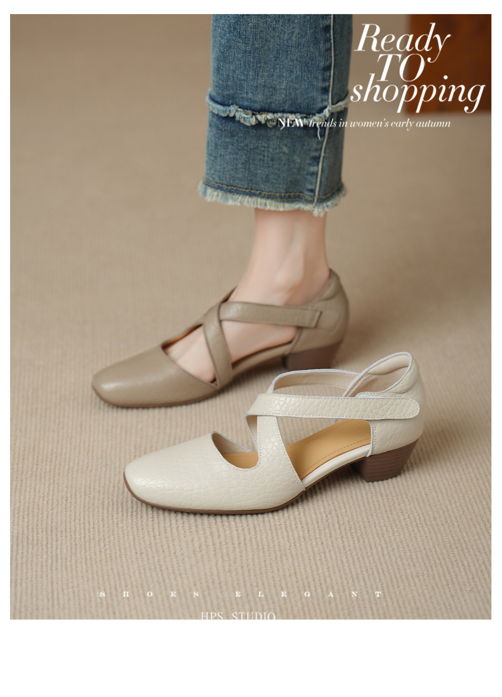 Sandal nữ da cừu mũi trùm gót vuông quai chéo dán — màu trắng ngà chi tiết 3