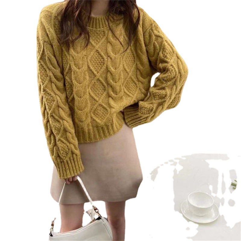 thumbnail image 5 of Suéter de punto de lana gruesa con giro de color sólido corto y cuello redondo nuevo de estilo coreano perezoso suave para otoño e invierno para mujer, 5 of 5