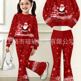 2026新款跨境女童圣诞卫衣喇叭裤套装 3D数码印花中大童秋冬两件