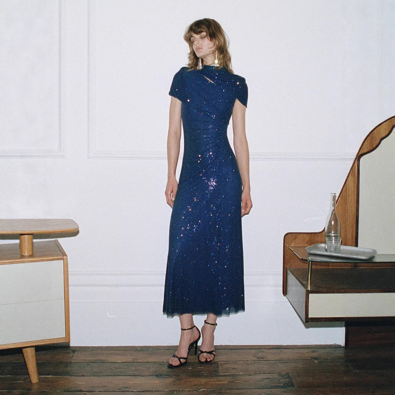 Sp 26 Spring Export Elegant Short-Sleeve High-Waist Dress with A-Line Skirt and Full Rhinestone Embellishments, Luxurious Evening Gown Sp 26 Spring Export Elegant Short-Sleeve High-Waist Dress with A-Line Skirt and Full Rhinestone Embellishments, Luxurious Evening Gown