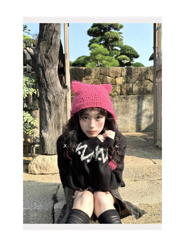 跨境韩系毛茸茸软糯绵羊提花黑色毛衣女秋冬宽松慵懒风长袖针织衫|undefined
