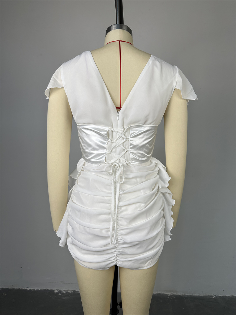 Women Clothing Summer Elegant V neck Short Sleeve Stitching Tight Waist Pleating Short Dress 7 Women Clothing Summer Elegant V neck Short Sleeve Stitching Tight Waist Pleating Short Dress