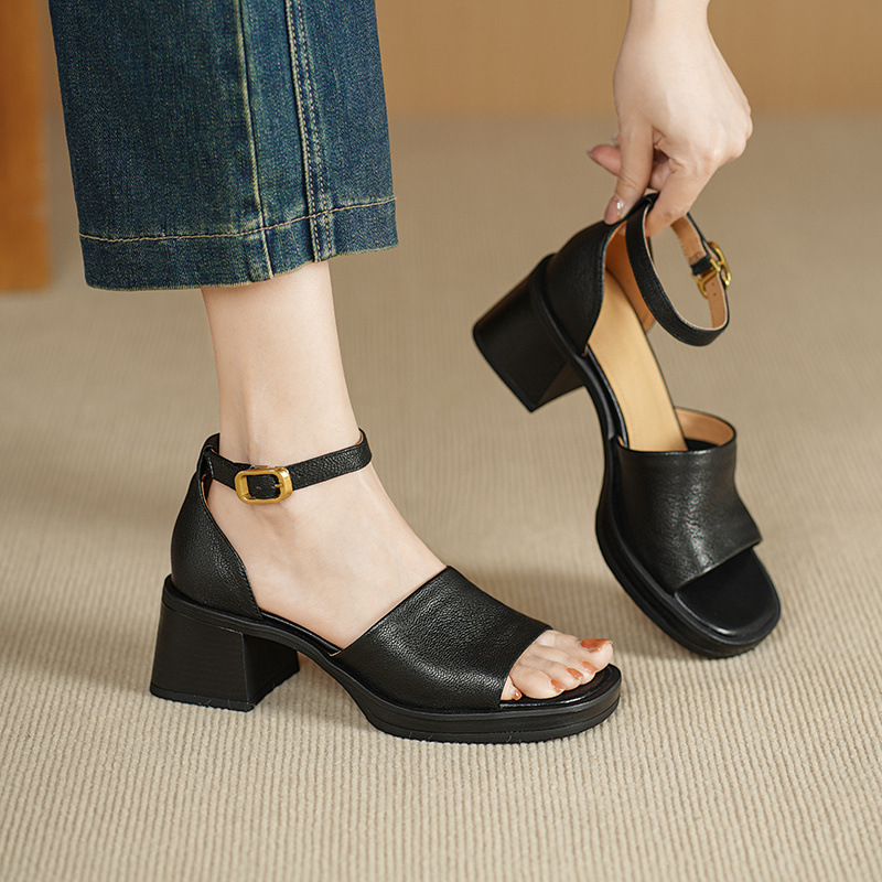 Sandal cao gót nữ hở mũi quai ngang khóa, da dê cao cấp, gót vuông ổn định — đen