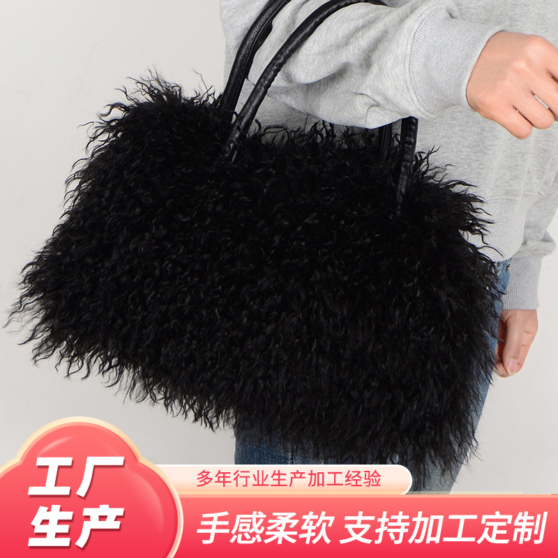 新款毛绒女士托特包 时尚毛毛包 通勤手拎包仿滩羊毛手提包