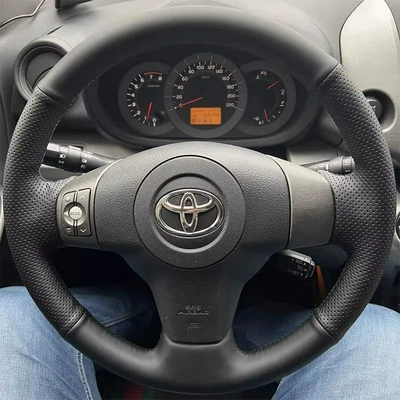 09-12 Toyota Rav4 Full-Cover Hand-Stitched Steering Wheel Cover, Non-Slip and Sweat-Absorbent Car Handle Cover (Steering wheel cover) - toyota-series-perforated-sides-black-leather-hand-stitched-with-black-thread-38cm