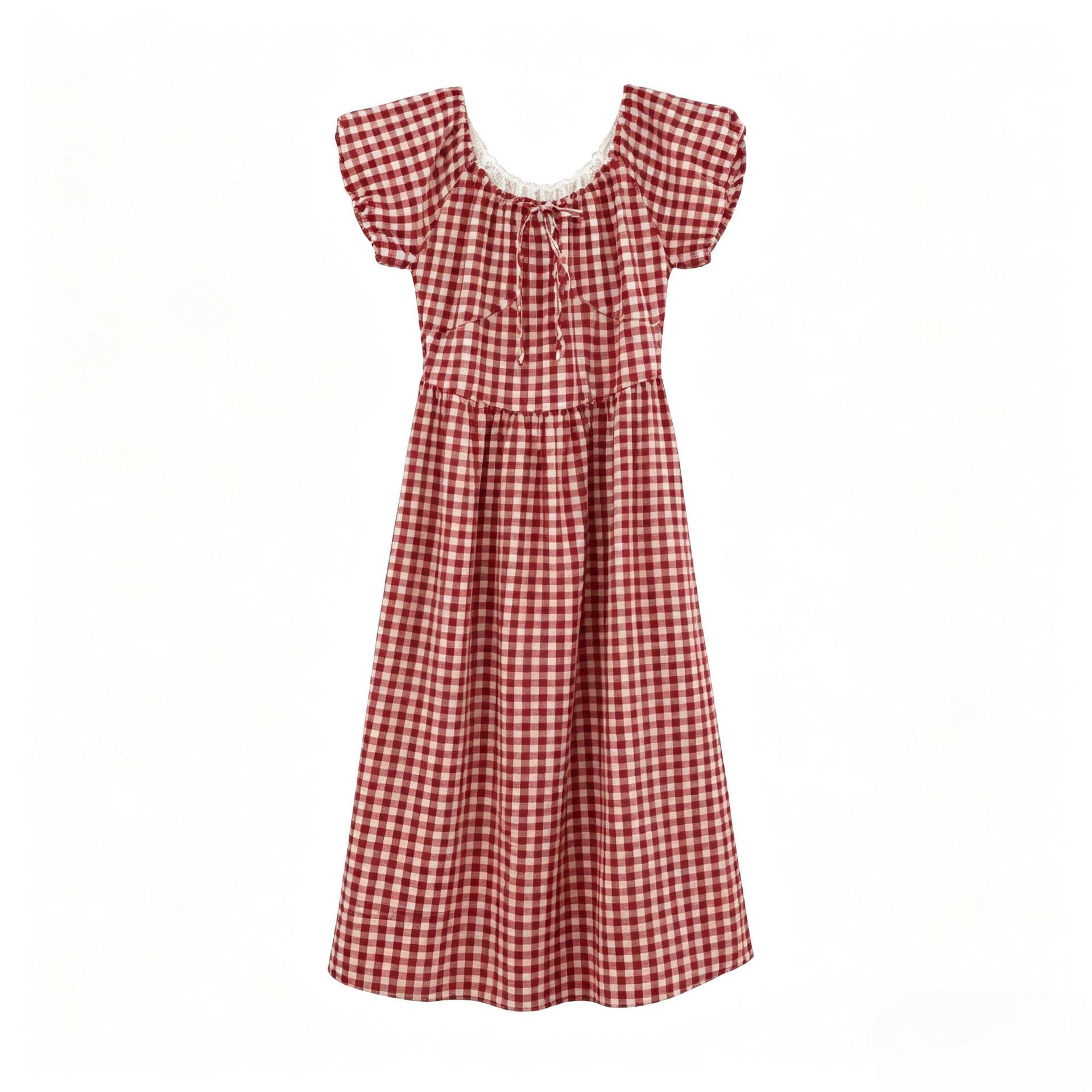 French-style Vintage Red Plaid For Women, New Summer Model, High-end, Waist-cinching, Slimming, Elegant, Resort-style_ecoleips.com