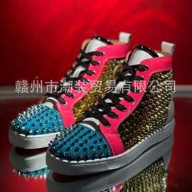 cl andgz彩色拼色真皮满钉高帮红底鞋男鞋铆钉鞋情侣款板鞋女鞋