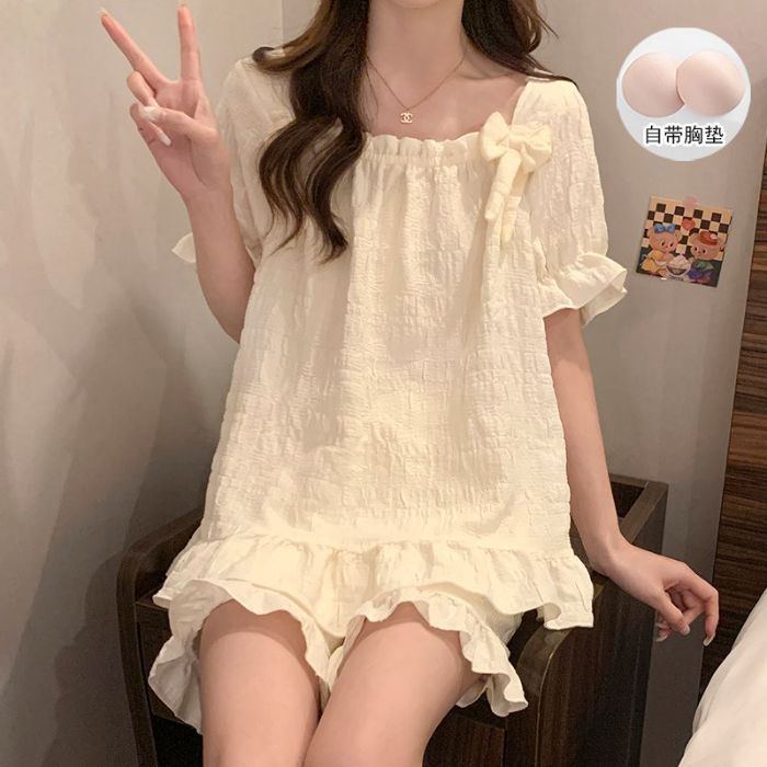 Venta al por mayor transfronteriza estilo caliente verano nuevo pijama mujer nube algodón lazo pantalones cortos de manga corta traje de servicio a domicilio dulce