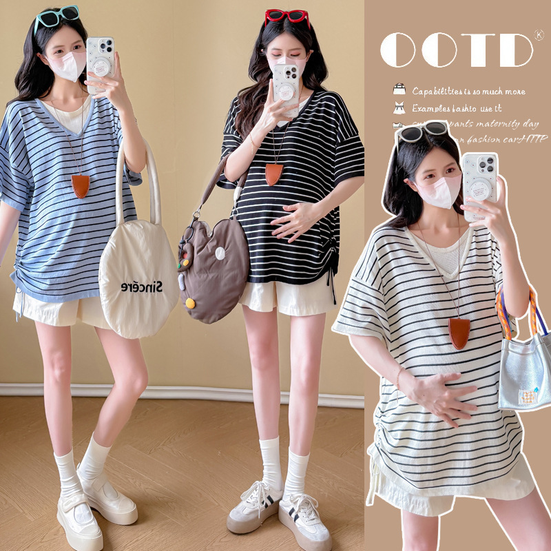 Maternity Wear Summer Trendy New Style Knitted Fashion Striped Loose Age-Reducing Casual Top + Belly Support Shorts Set Maternity Wear Summer Trendy New Style Knitted Fashion Striped Loose Age-Reducing Casual Top + Belly Support Shorts Set