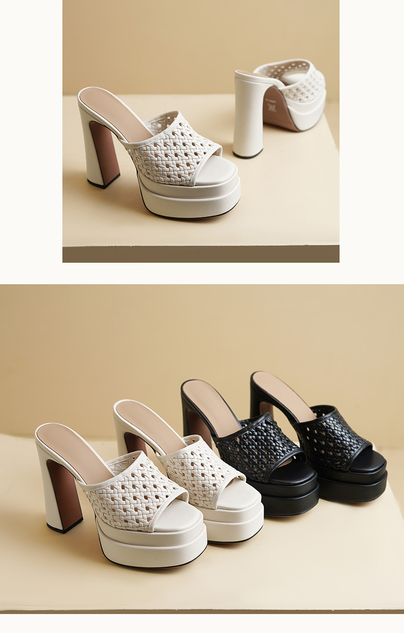 Sandal cao gót nữ hở mũi đế xuồng da thật gót 13 cm — màu đen, màu trắng ngà chi tiết 6