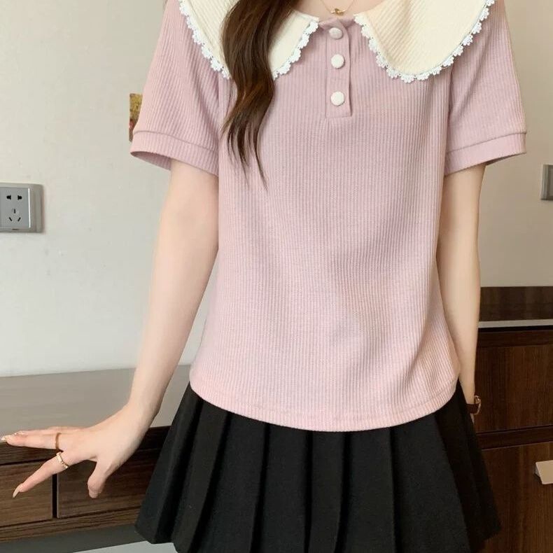 Contrast Color Doll Collar Lace Short-Sleeved T-Shirt for Men and Women 2025 Summer New Design Curved Age-Reducing Top