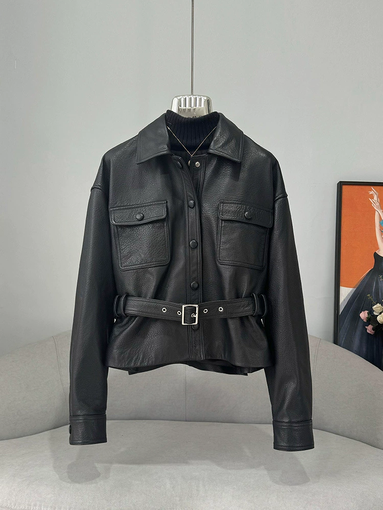 Куртка кожаная motorcycle женская короткая с кожи литиPattern овечьья кожа, талия slim, весна новый стиль