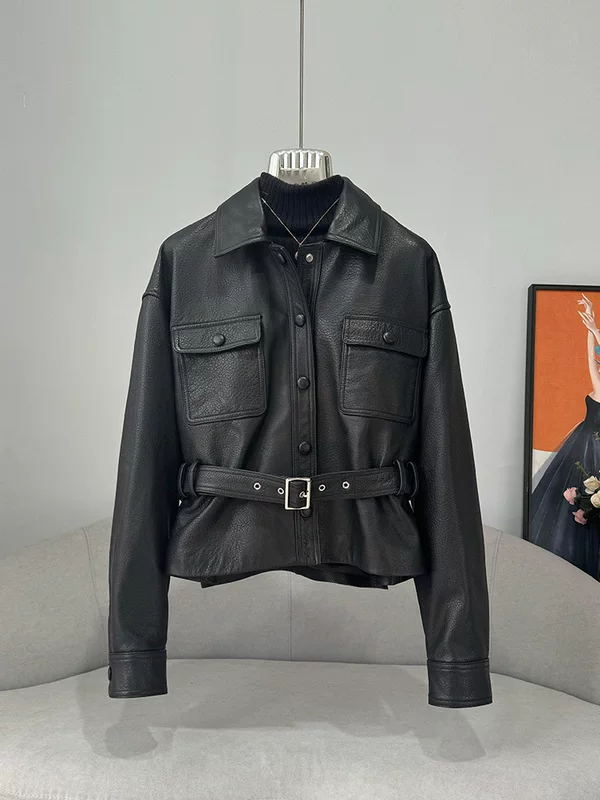 Куртка кожаная motorcycle женская короткая с кожи литиPattern овечьья кожа, талия slim, весна новый стиль