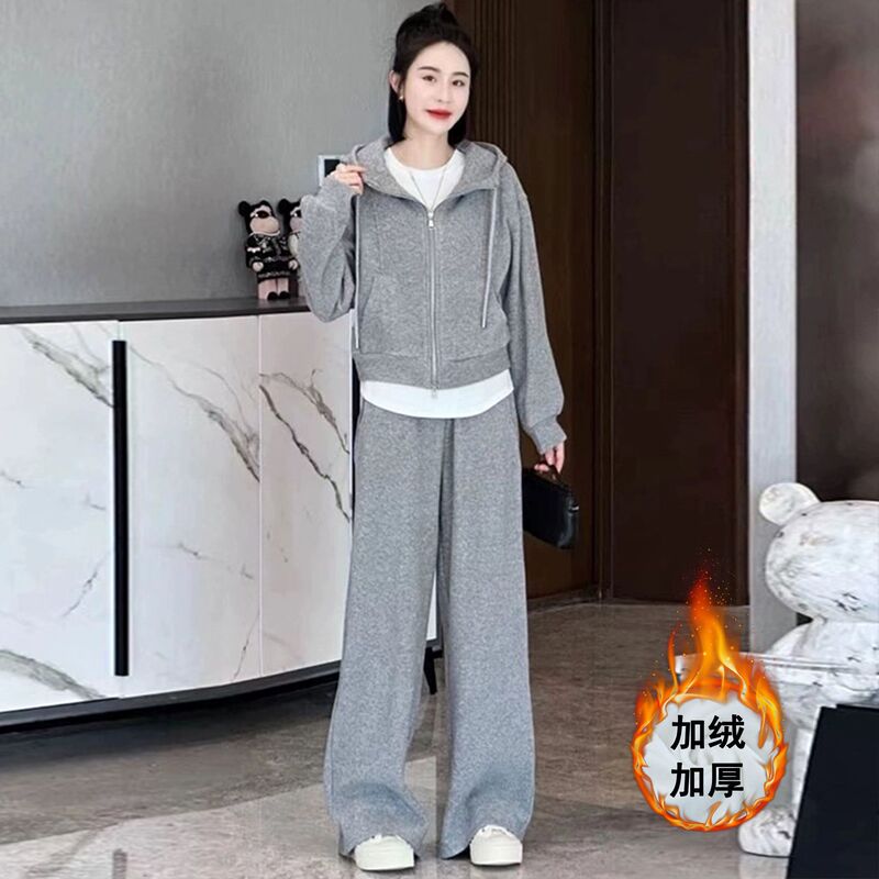 网红时尚运动服套装女秋冬加绒加厚连帽卫衣阔腿裤休闲两件套跑步|undefined