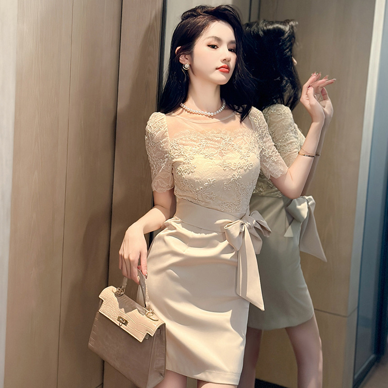 French-style lace dress with puff sleeves, satin large bow, waist-cinching, slimming, short party dress French-style lace dress with puff sleeves, satin large bow, waist-cinching, slimming, short party dress