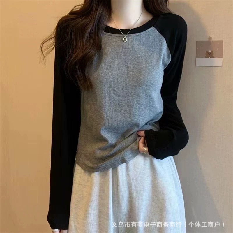 插肩拼色长袖T恤女初秋时尚修身显瘦辣妹百搭圆领打底衫下摆弧形|undefined