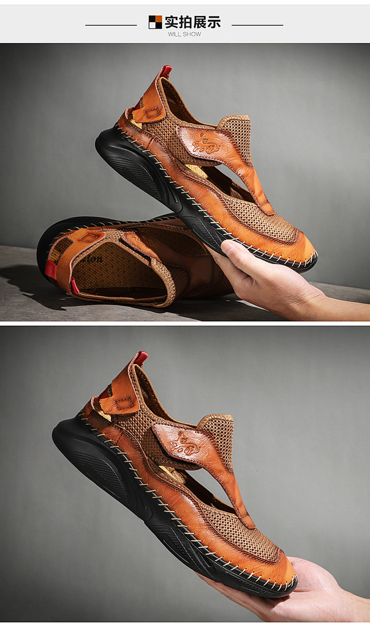 Cross-border large-sized outdoor wading light-soled sports sandals, men's trendy summer Korean version cowhide toe cap beach shoes, clogs undefined