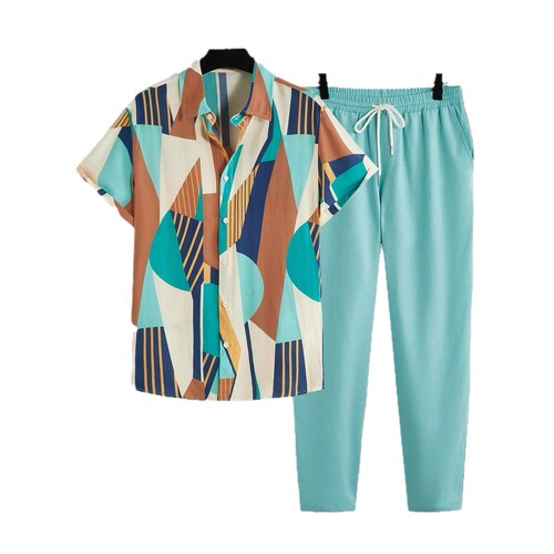 2025 Temu Amazon Cross-border Fashion Casual Men's Plus Size Striped Short-sleeve Shirt + Pants Set