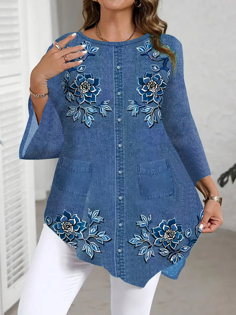 2025 Amazon verano nuevo estilo de Europa y América venta caliente Casual versátil blusa flor impresa camiseta de cuello redondo image 5