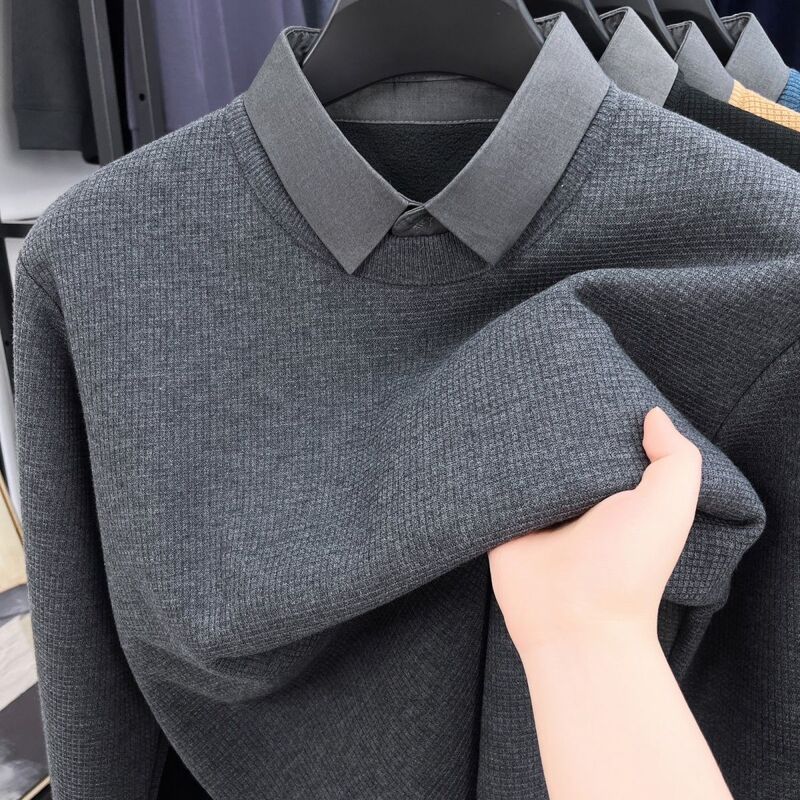 Promotional Autumn and Winter Warm Fleece Thickened Fake Two-Piece Sweater Men's Shirt Collar New Trendy Shirt New Shirt