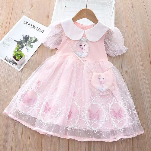 Girls Elsa Princess Dress  Summer Dress Children's Frozen Style Mesh Dress Baby Short Sleeve Dress