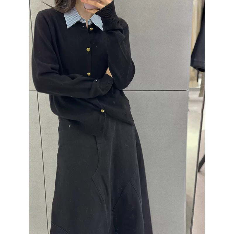 2025秋冬新款撞色拼接假两件针织开衫女宽松百搭显瘦小众毛衣外套|undefined