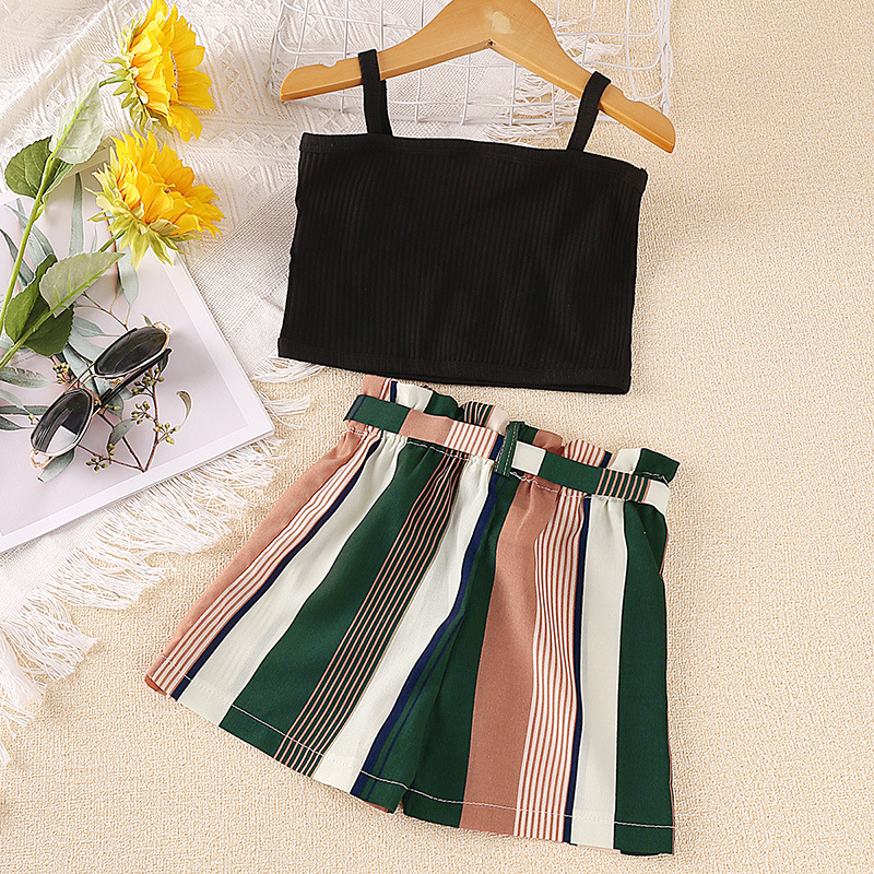 Mädchen Set 2024 Sommer Neue Modische Sling Top Gestreiften Shorts Kinderkleidung_voghion.com
