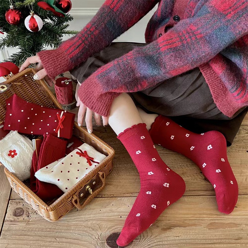 Winter Christmas Stockings Children's Red New Year's Stockings Bow Mori Women's Mid-tube Fortune Zhuji Socks