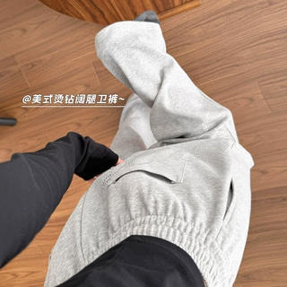 高街风闪钻字母阔腿卫裤女秋冬高腰宽松垂坠感显瘦拖地运动弯刀裤