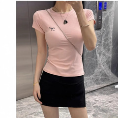 貿易純粋な欲望刺繍夏スリム半袖 Tシャツ女性のための韓国スタイルのリボンホットガールコントラストカラーボトムストップ女性のための