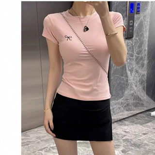 外贸纯欲刺绣夏季修身短袖t恤女韩版蝴蝶结辣妹撞色打底上衣女批