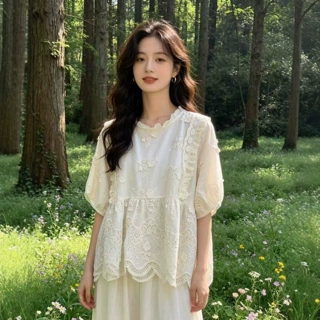 2026夏季新品 日系森女系复古宫廷风蕾丝提花百搭减龄短袖衬衫女
