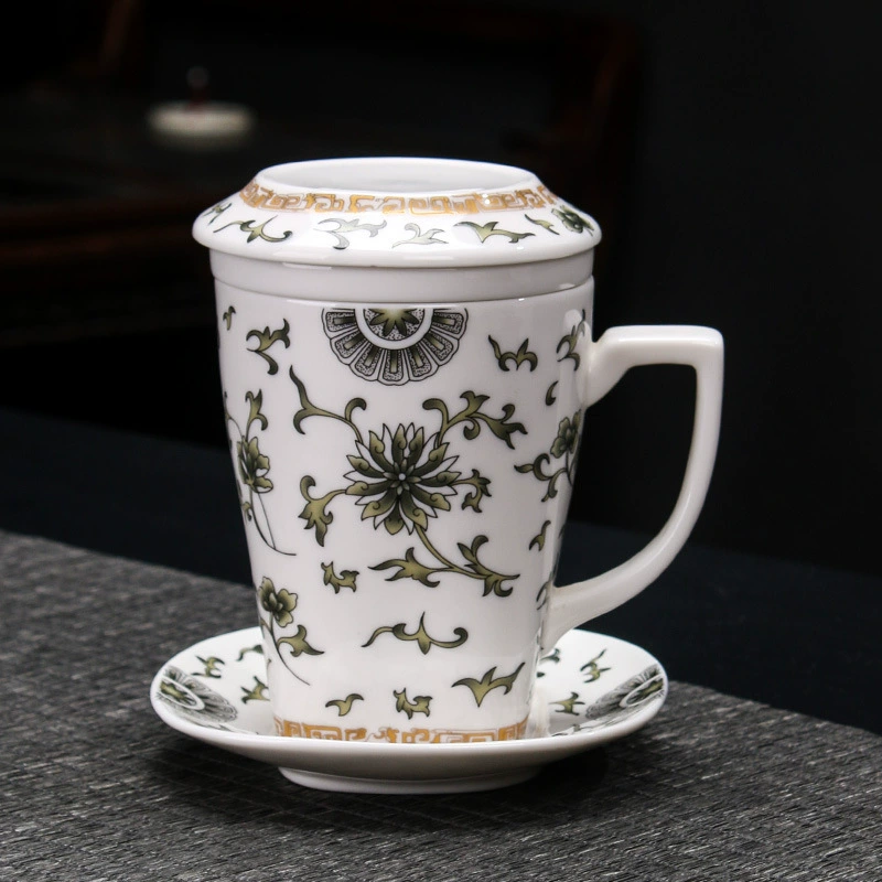 Blue and white tea cup, ceramic set for office, 4 piece set