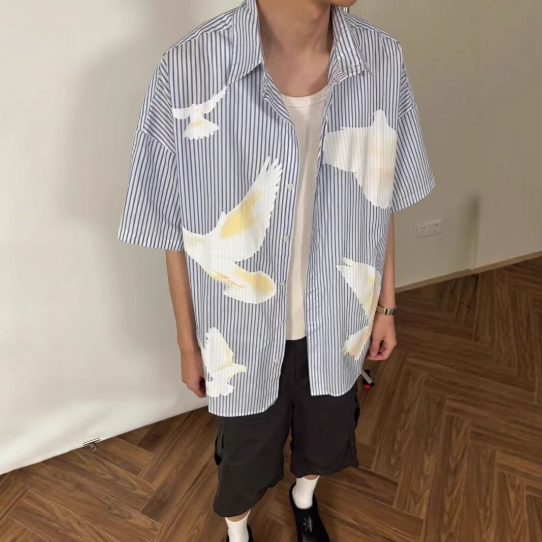 American Style High Street Artistic Peace Dove Men's Loose Striped Short-sleeved Shirt Summer Fashion Teenage All-match Trendy Shirt
